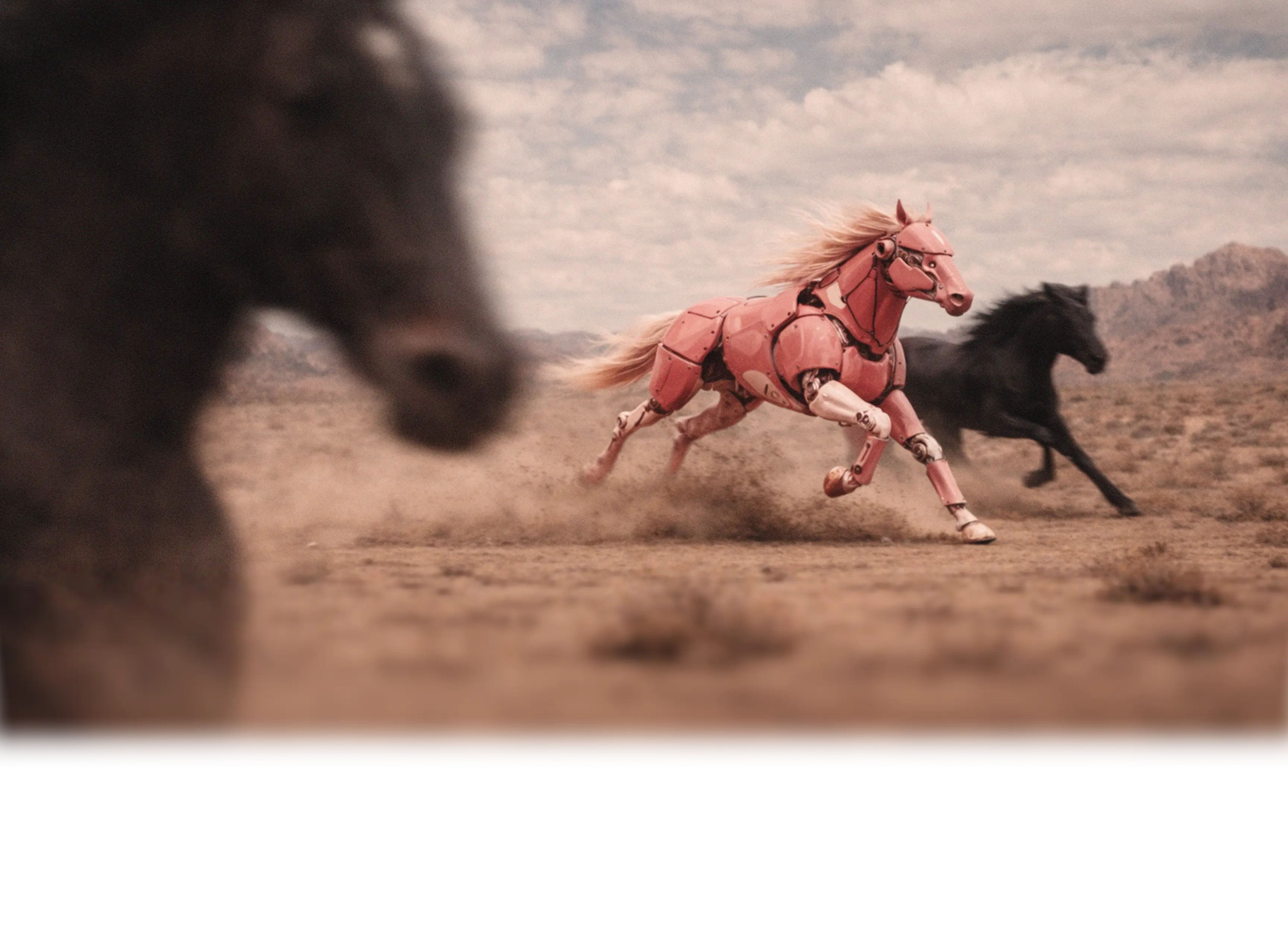 Horses running through a cinematic desert landscape